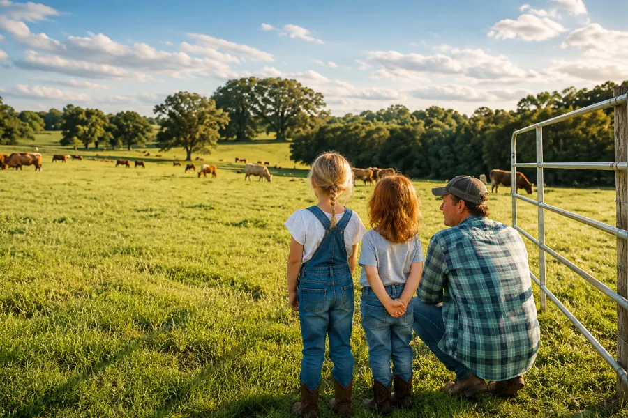 Family looking out over green fields in regional Australia